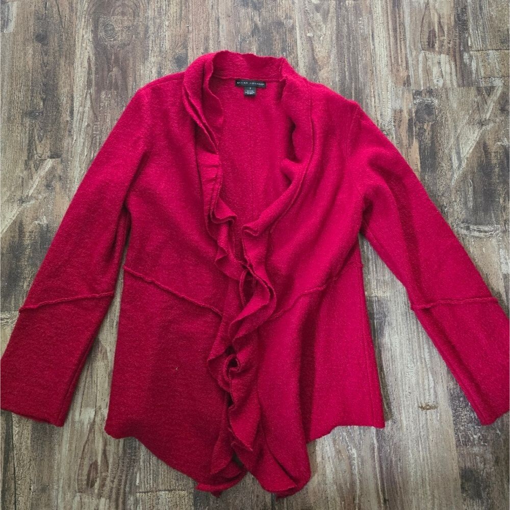 Elena Solano Red Ruffle Wool Cardigan - Size Small - Vibrant & Cozy